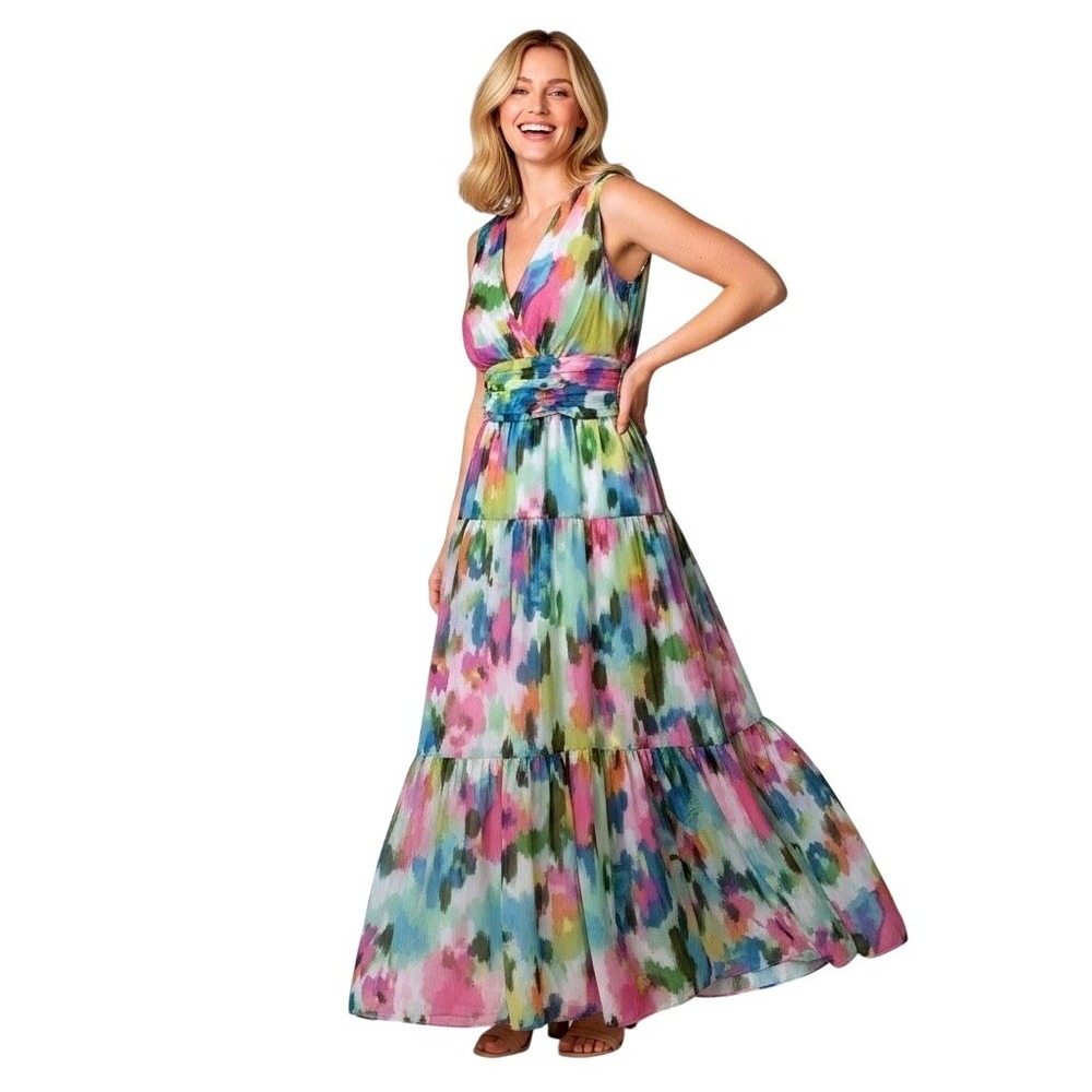 Maison Tara Abstract Watercolor Tiered Maxi Dress 8 Casual Artsy Boho Smocked